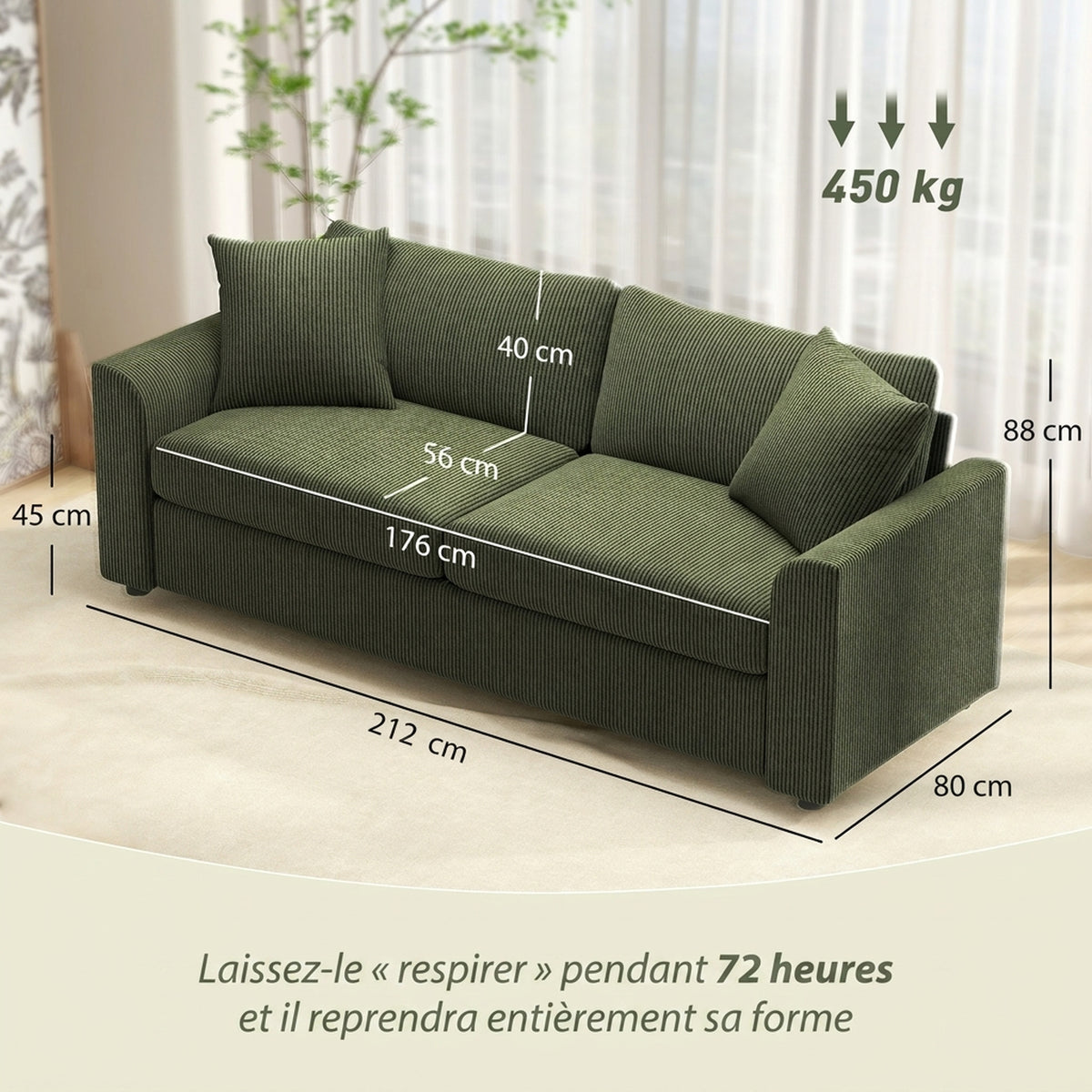 Canapé 3 places 212 cm avec 2 coussins à ressorts, tissu velours côtelé, pour salon, chambre, bureau à domicile, vert-2