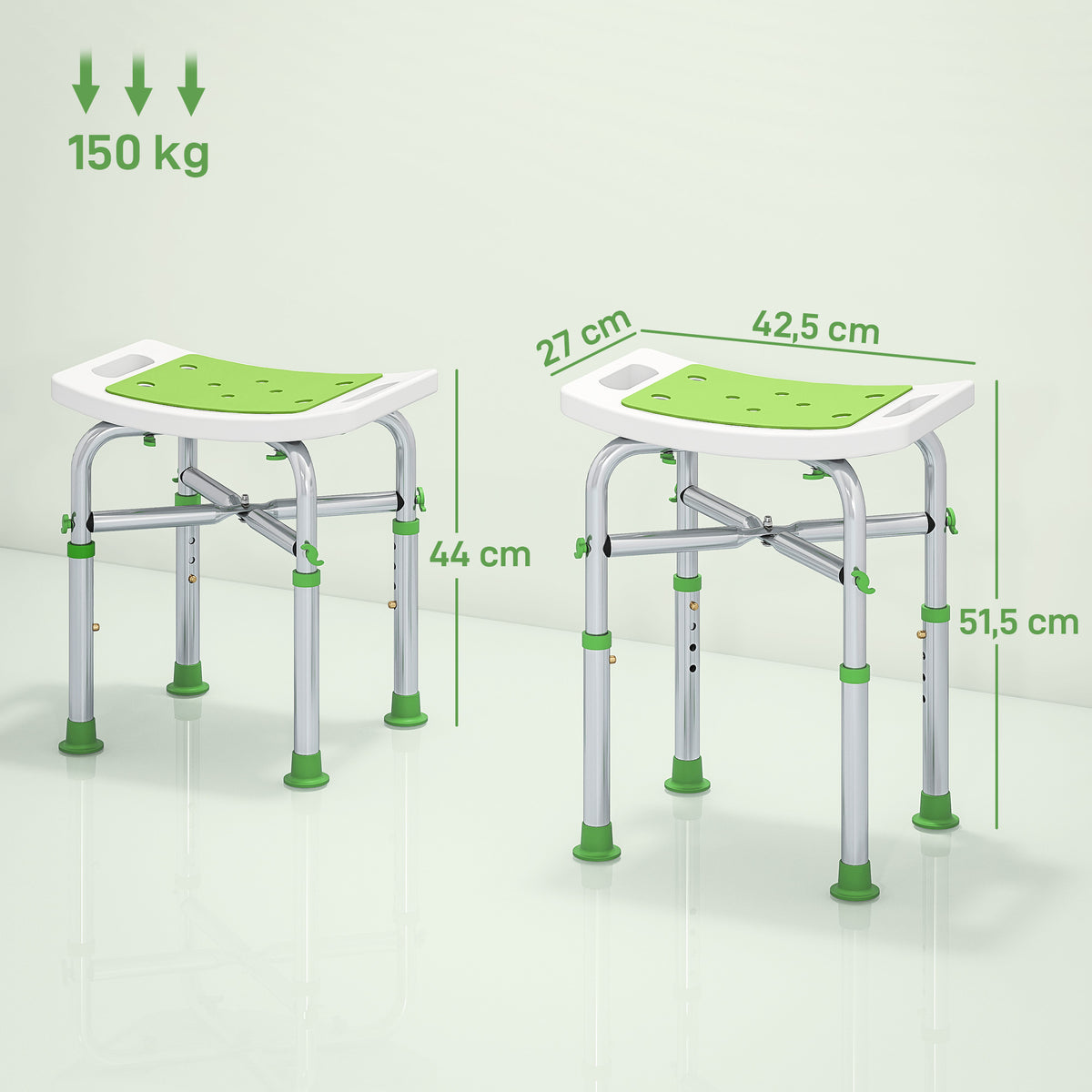Tabouret de douche chaise de douche - assise rembourré et réglable, patins à ventouses antidérapants, en aluminium vert-2