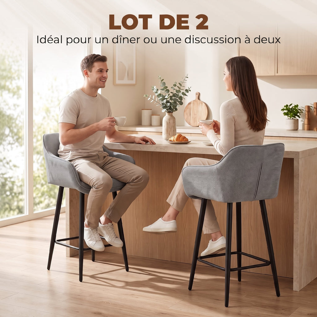 Lot de 2 Tabourets de Bar, Chaises de Bar Rembourrées en Chenille, Assise Large 67H cm, Dossier et Repose-Pieds, Gris-3
