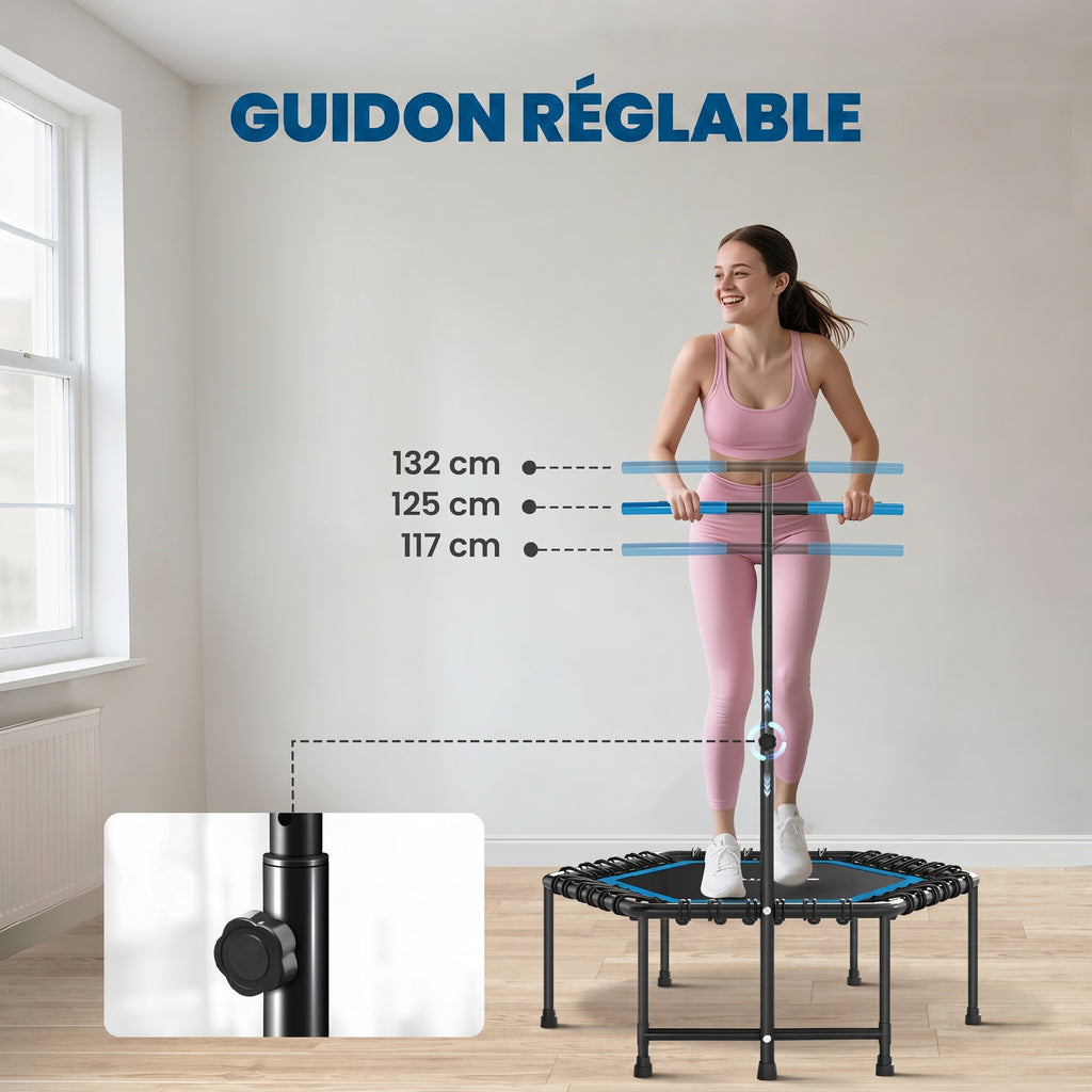 Trampoline de fitness 114 cm, cordes élastiques, poignée réglable 3 positions, trampoline d'exercice silencieux, bleu-3