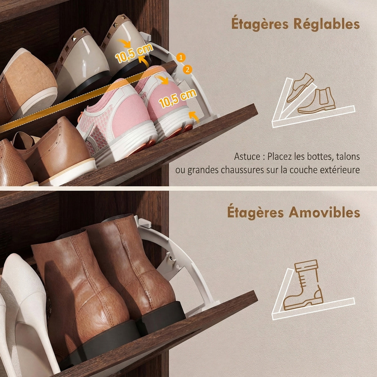 Meuble à Chaussures 16 Paires, 2 Tiroirs, Portes en Rotin et Étagères Réglables, 80x23,7x99,5cm, Marron Foncé-5