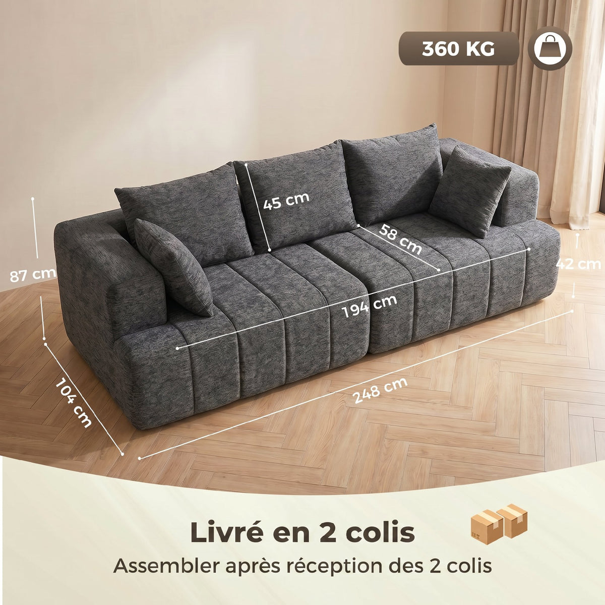 Canapé 3 places en chenille 248 cm, canapé salon moderne, large assise rembourrée, coussins à ressorts, gris-2