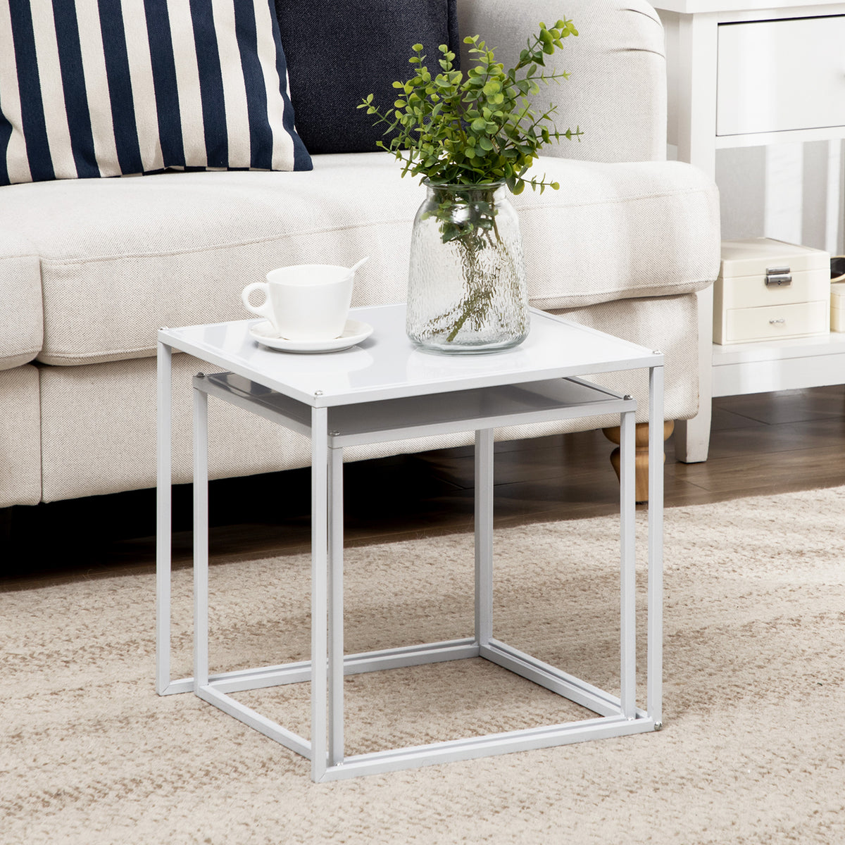 Lot de 2 tables basses gigognes, lot de 2 tables gigognes de salon, modulables, en acier, style industriel, blanc mat-7