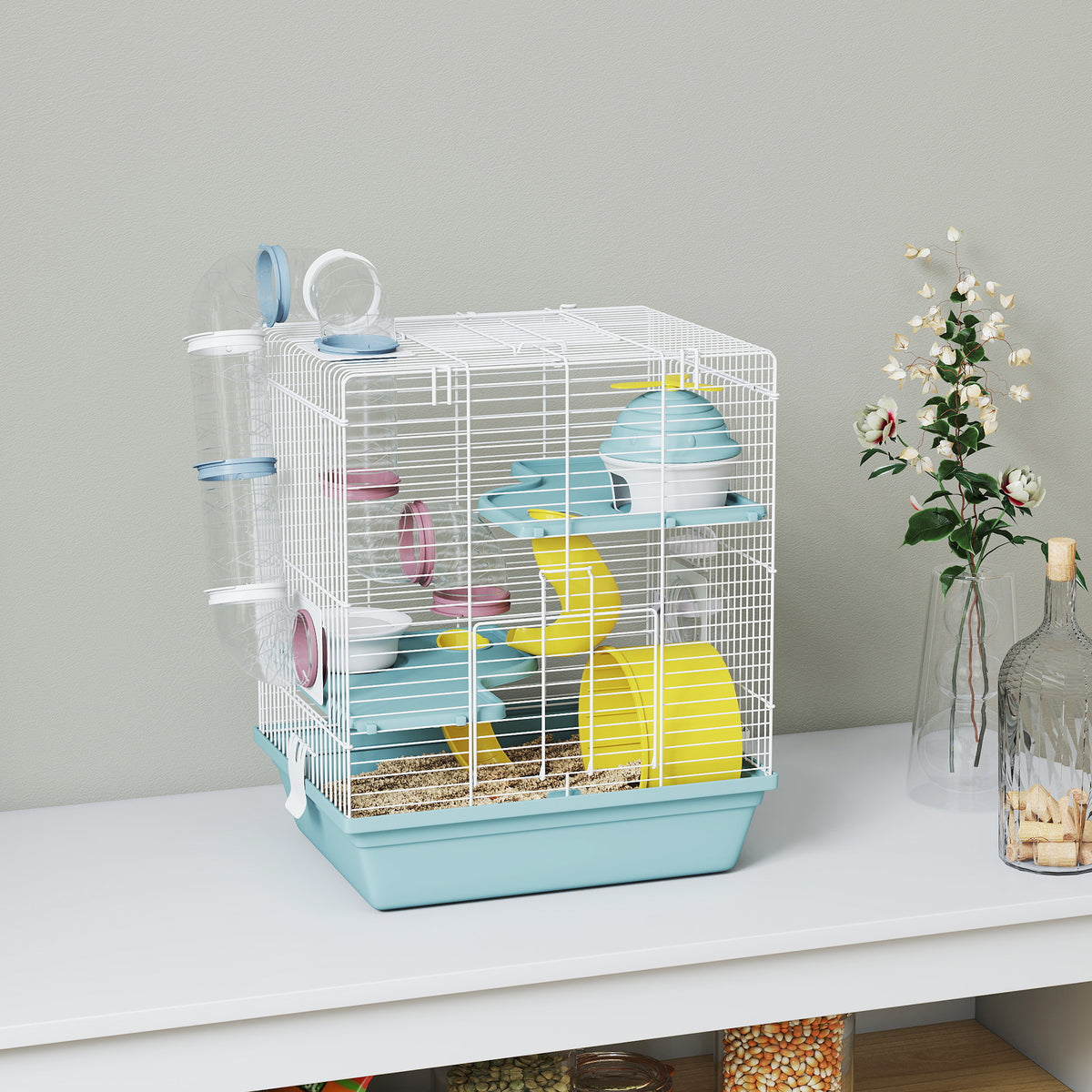 Cage hamster, cage rongeur à 3 niveaux, avec roue d'exercice, tunnel de jeu, gamelle, cabane, 34,5 x 27,5 x 41 cm, bleu-1