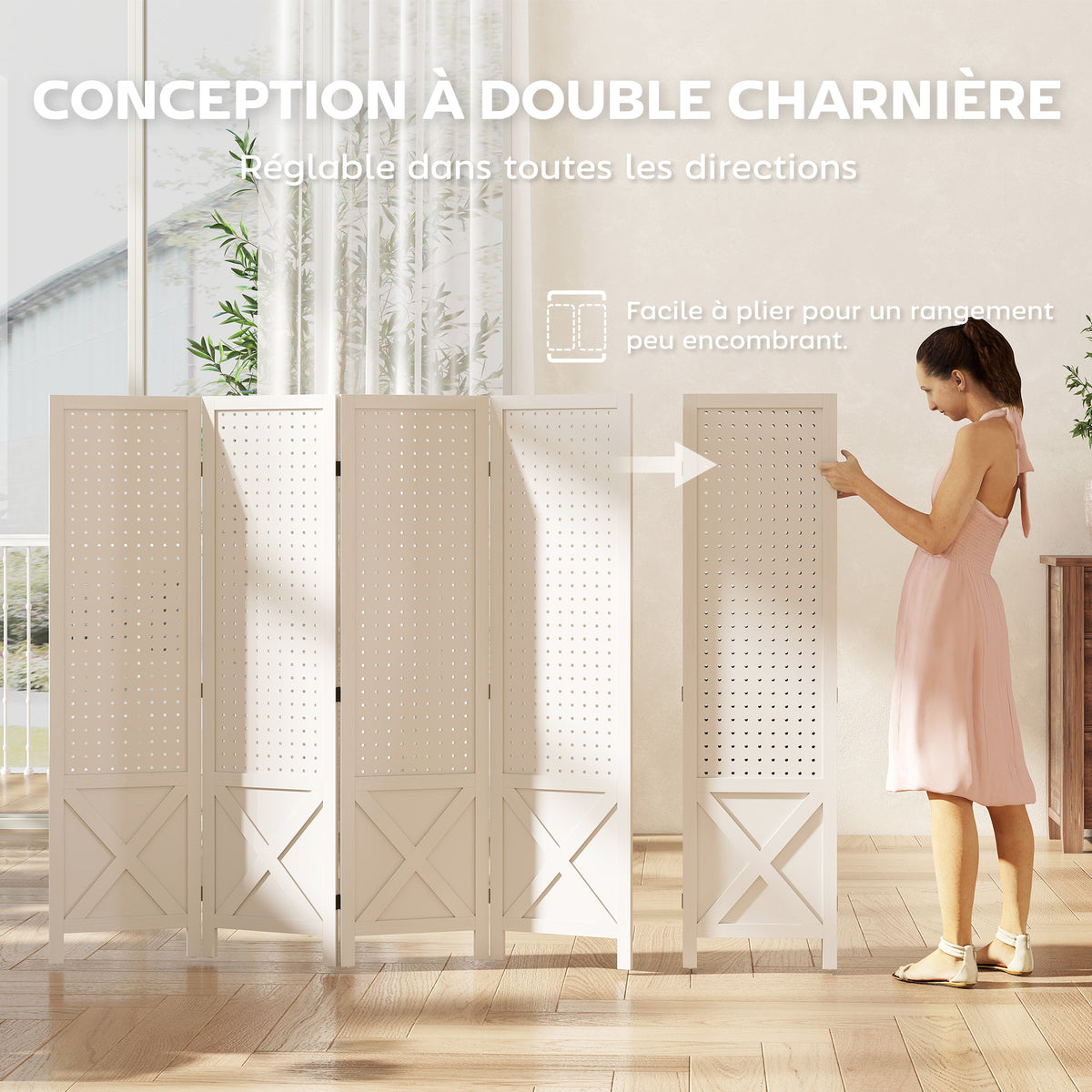 Paravent intérieur en bois 4 panneaux séparateur de pièce pliable panneau perforé 152 x 1,7 x 144,5 cm blanc-5