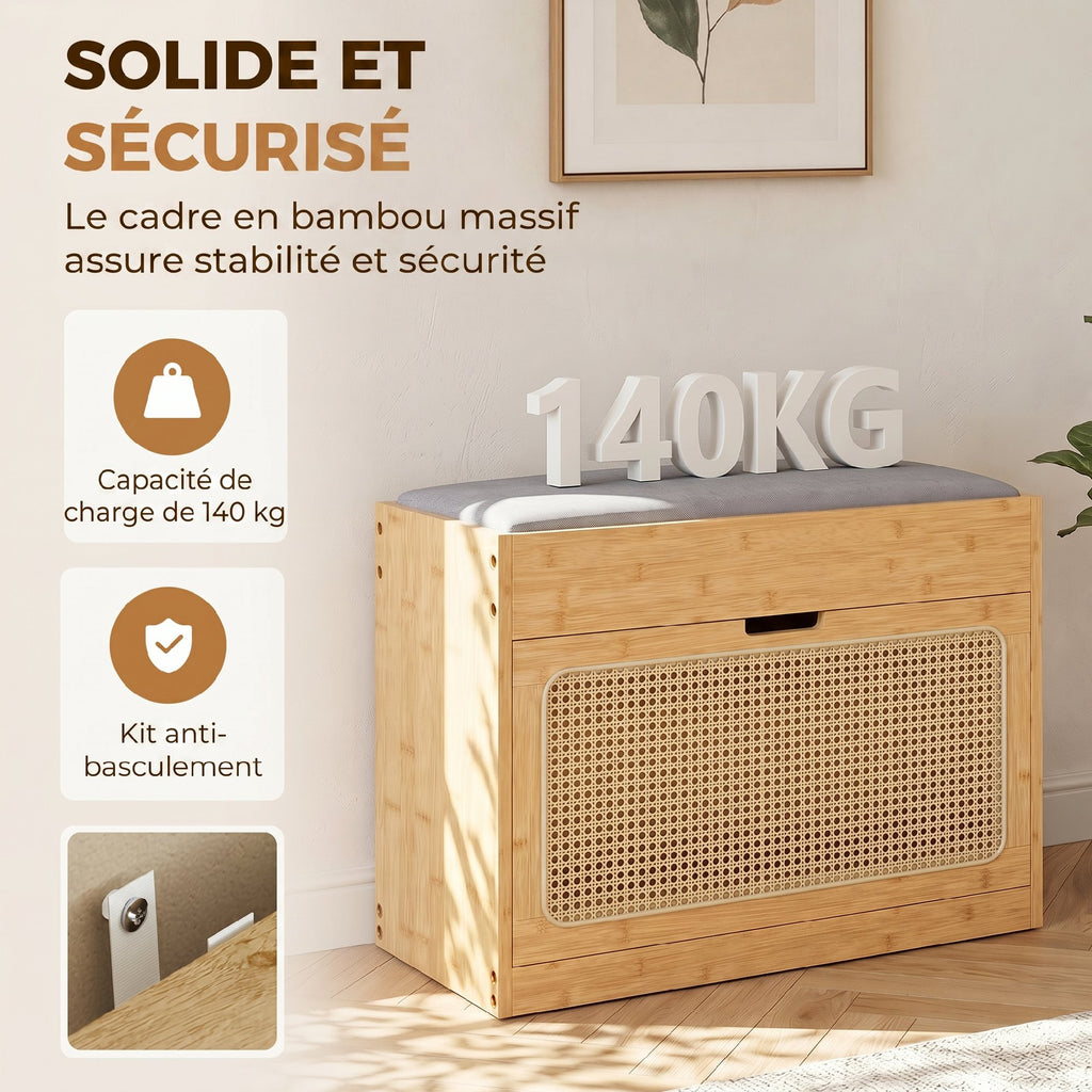Banc chaussures entrée, banc de rangement en bambou, assise rembourrée, porte en rotin et étagère réglable, bois naturel-6