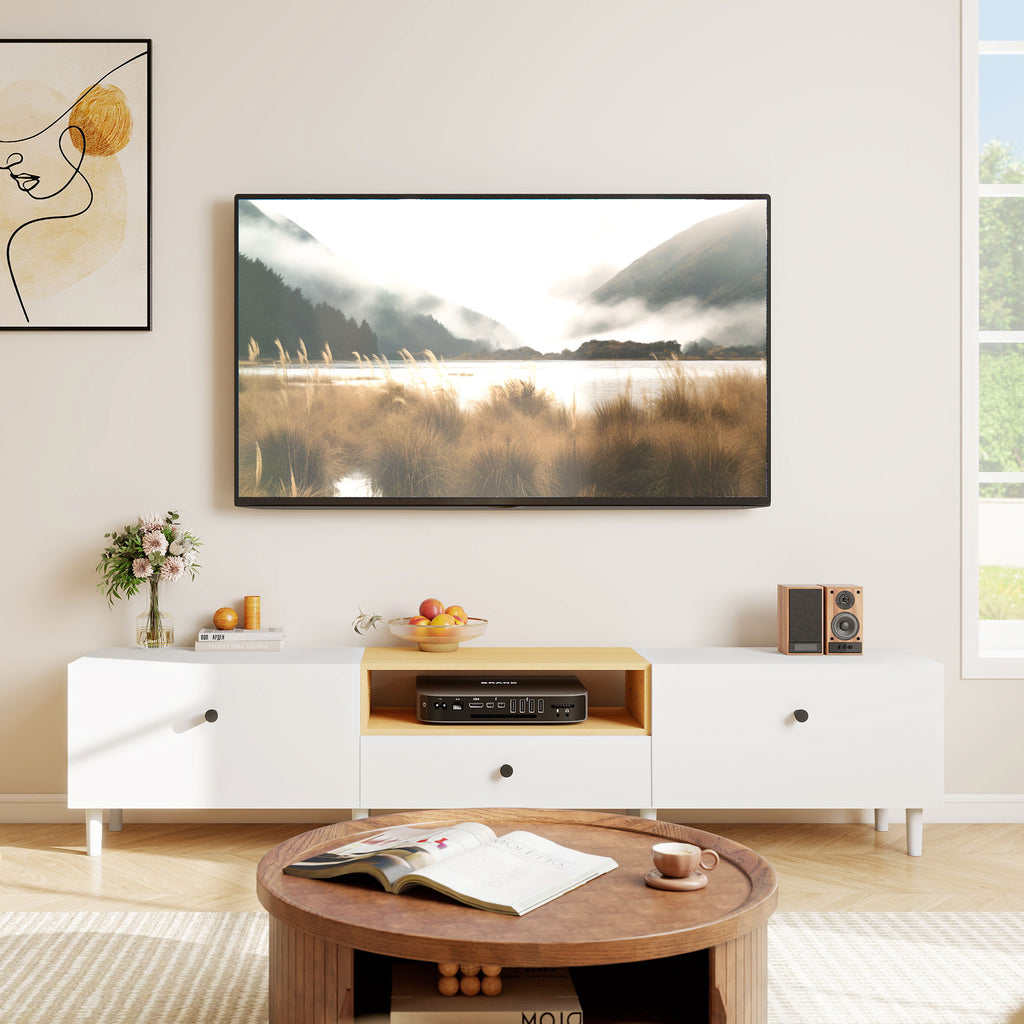 Meuble TV, meuble télé pour téléviseur jusqu'à 90 pouces avec 2 portes rabattables, tiroir, 200 x 35 x 45 cm, blanc-7