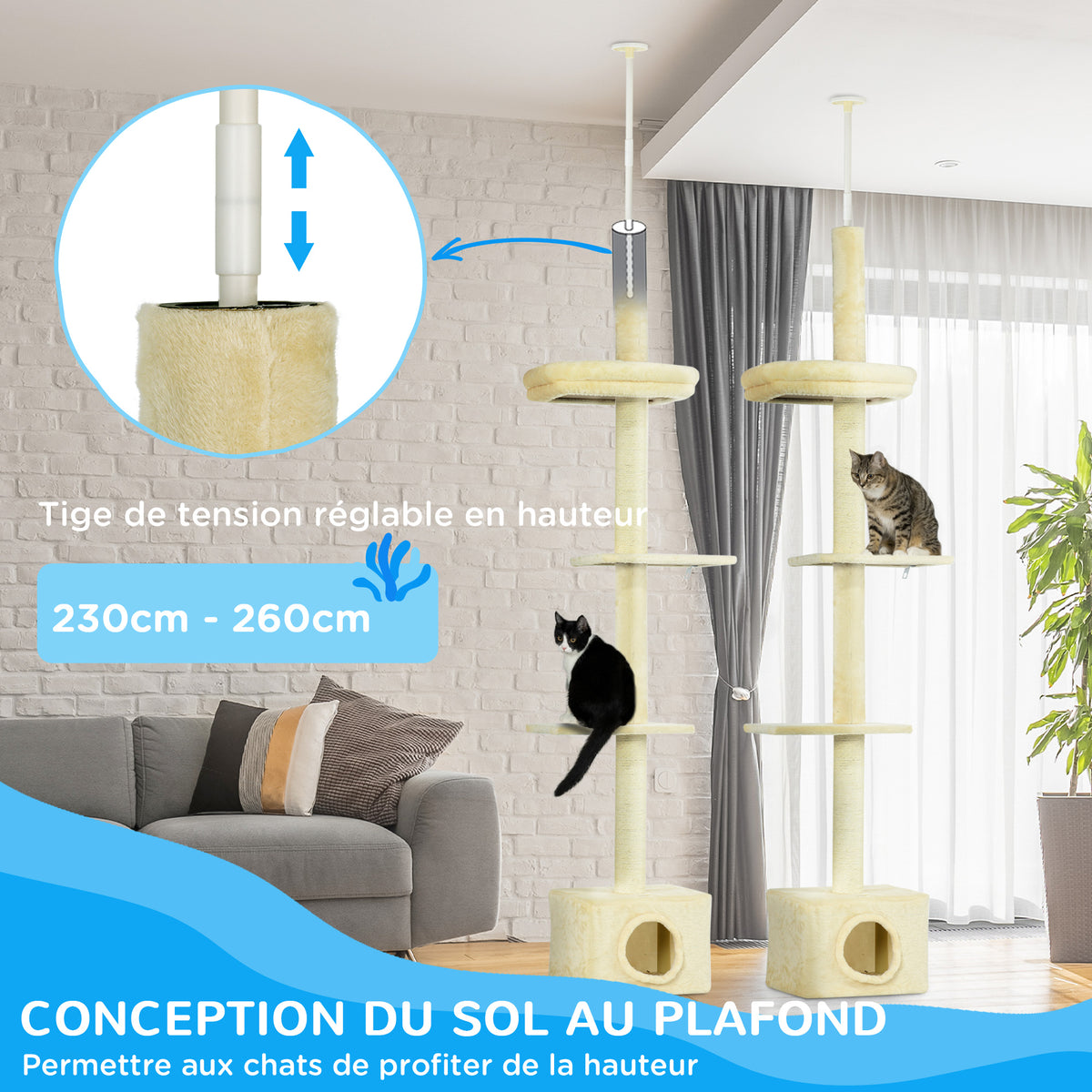 Arbre à chats poteau à griffer hauteur réglable dim. 440L x 31P x 240 - 270H cm 4 niveaux d'activités avec niche-4