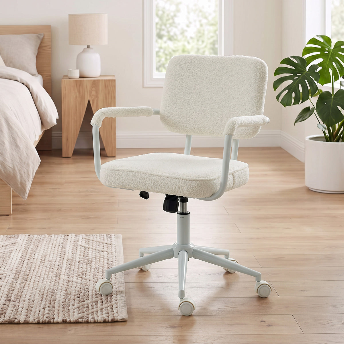 Chaise Bureau Ergonomique, Fauteuil de Bureau en Tissu Bouclette avec Hauteur Réglable, Fonction Bascule, Crème-1