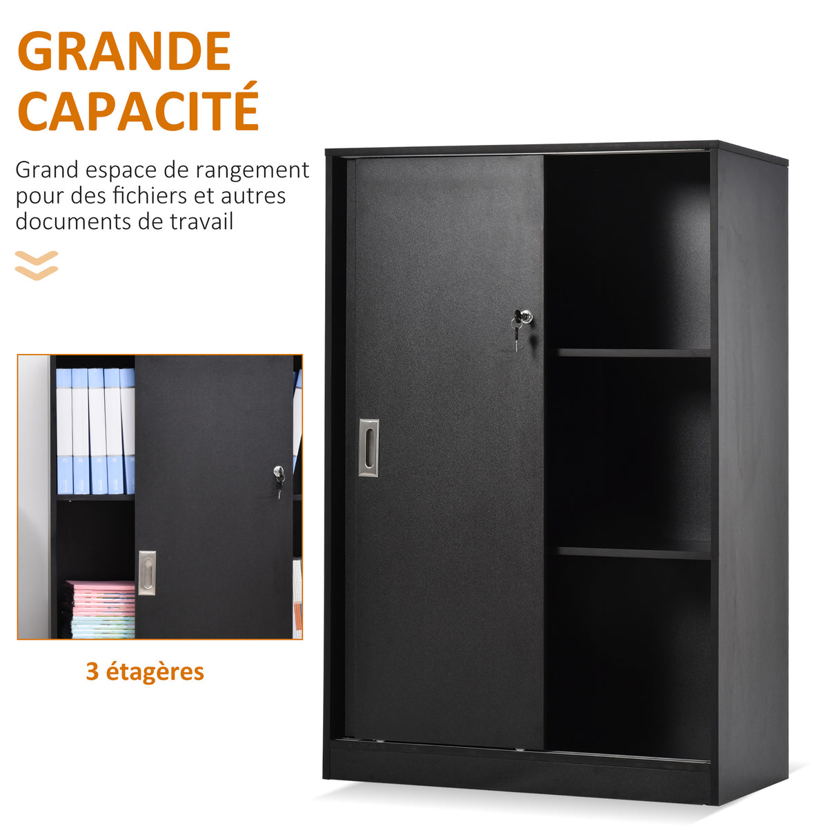 Armoire de Bureau 2 Portes coulissantes verrouillables dim. 80L x 40l x 120H cm 2 étagères Panneaux Particules Noir-3