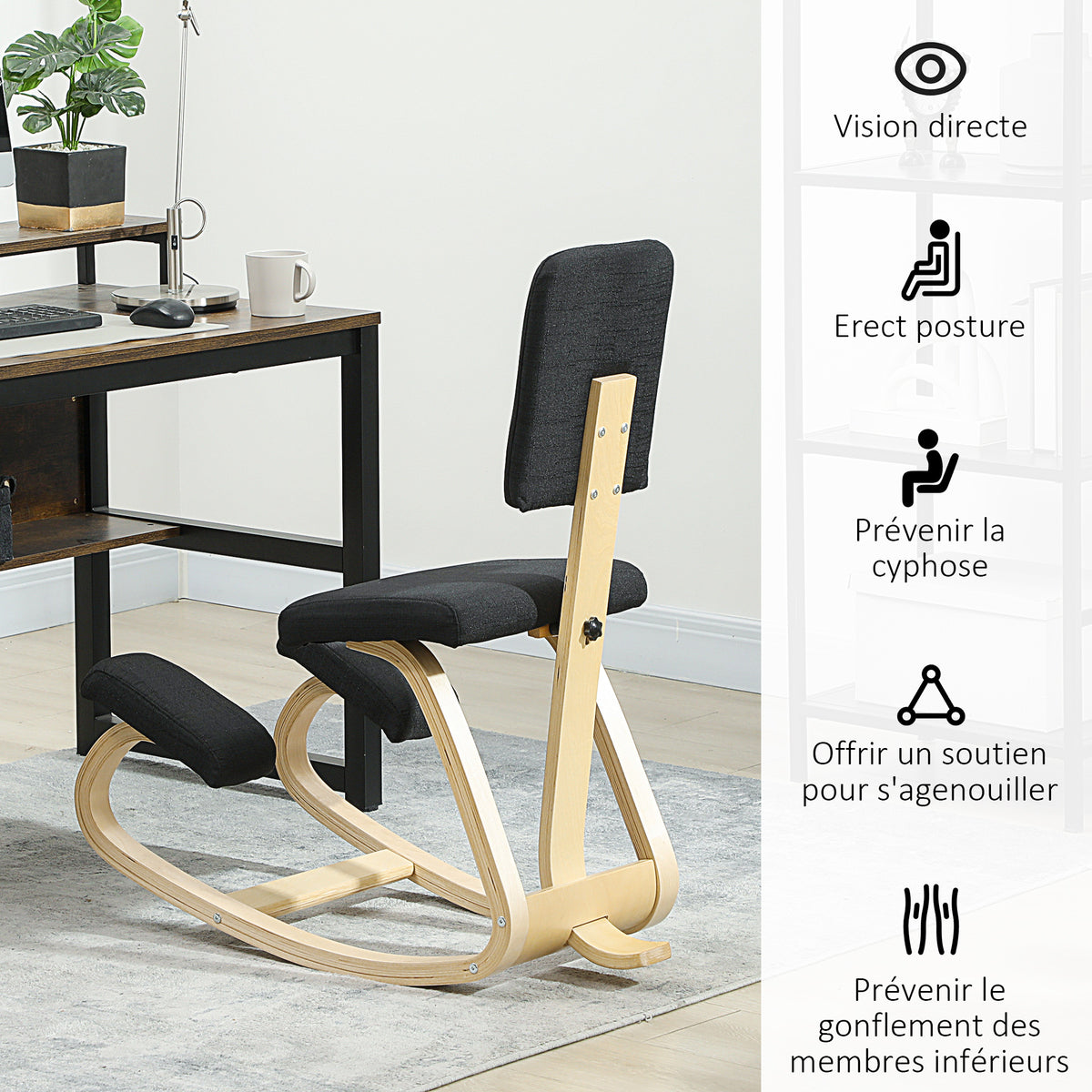 Siège assis genoux, tabouret ergonomique en bois à bascule avec dossier, chaise à genoux pour bureau à domicile, noir-4
