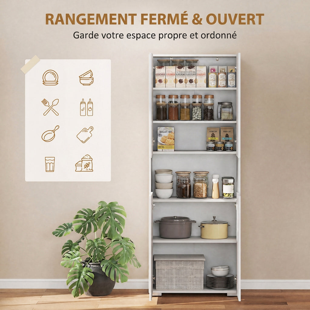 Buffet haut cuisine, armoire de cuisine, 4 portes à fermeture douce et étagères réglables, 68x34x180cm, blanc brillant-4