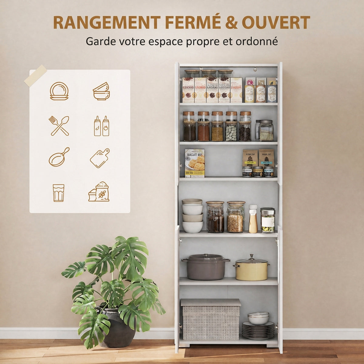 Buffet haut cuisine, armoire de cuisine, 4 portes à fermeture douce et étagères réglables, 68x34x180cm, blanc brillant-4