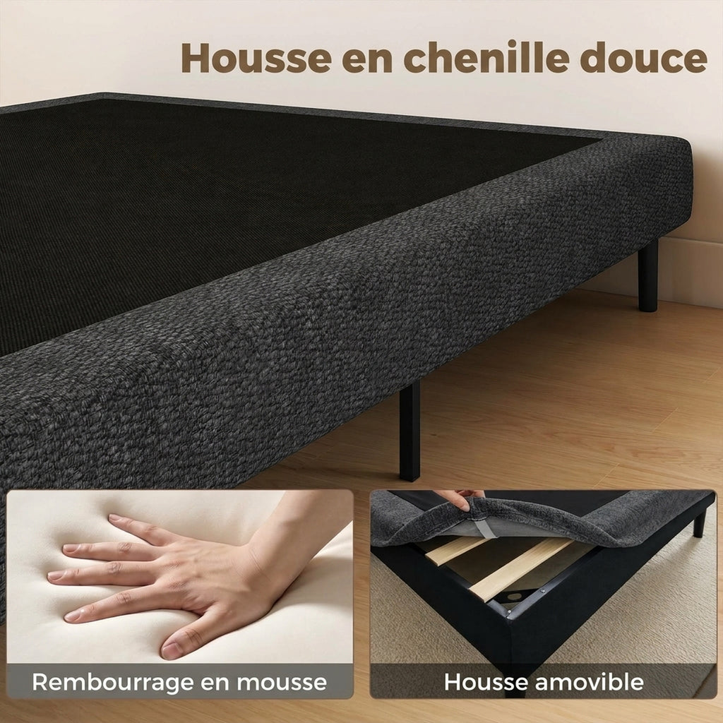 Sommier Tapissier 140x190 cm, Cadre de Lit avec Revêtement en Chenille, 10 Lattes Bois, 9 Pieds Stables, Gris-4
