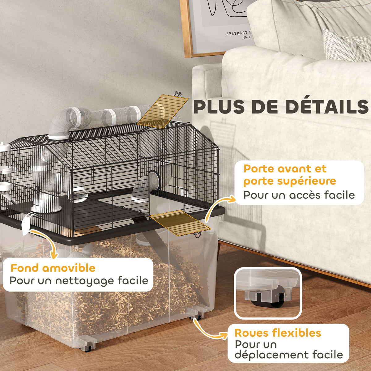 Cage pour hamster portable cage pour hamster avec rampe, gamelle, bouteille d'eau système de tuyaux 58 x 43 x 57 cm noir-7