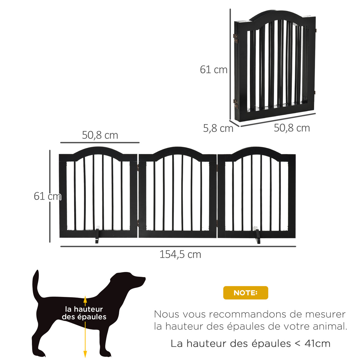 Barrière de sécurité chien barrière modulable pliable pour animaux de compagnie avec pied de support MDF bois massif 154,5 x 61 cm noir-2