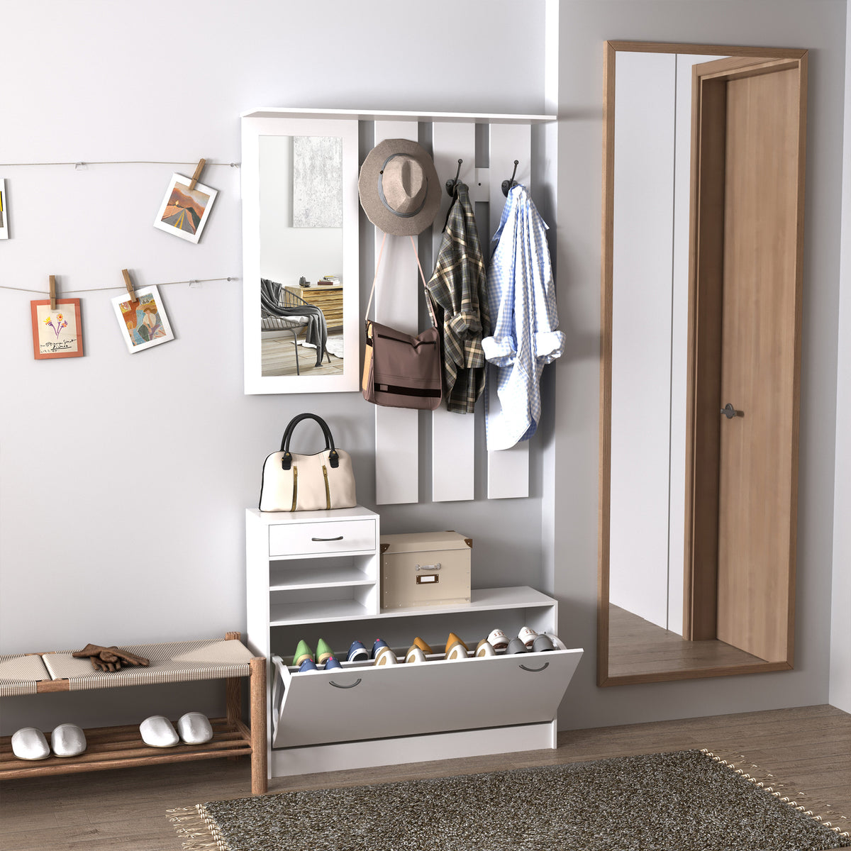 Ensembles 3 en 1 de meuble d'entrée vestiaire avec panneau porte-manteau, miroir et banc à chaussures - 6 crochets et étagère réglable, blanc-1