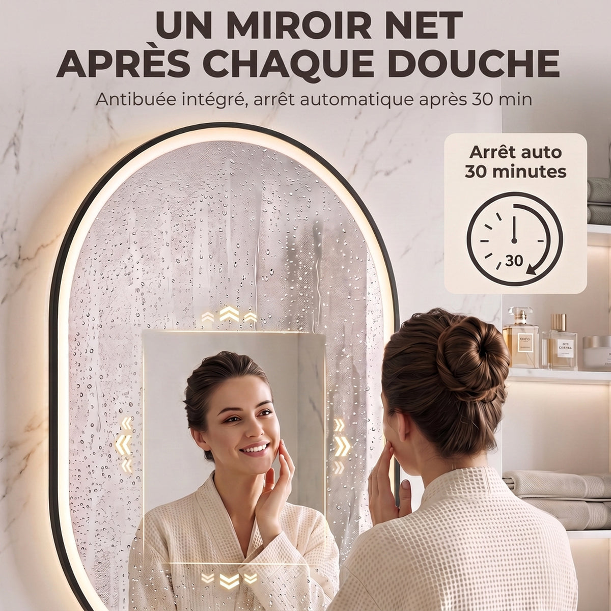 Miroir Salle de Bain Bluetooth avec Éclairage LED 100x70cm Dimmable 3 Couleurs, Interrupteur Tactile, Anti-Buée, Noir-5