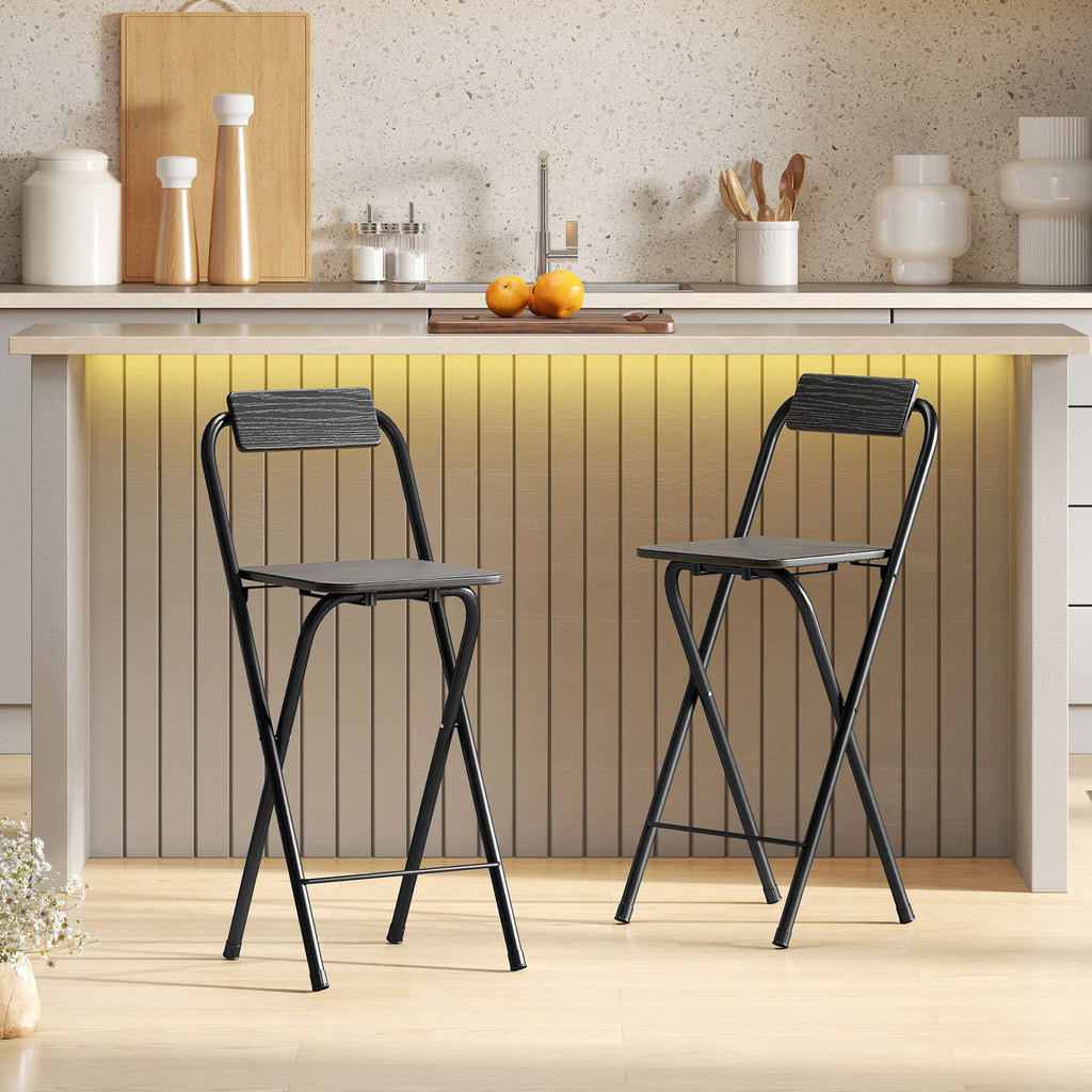 Lot de 2 tabourets de bar pliables avec dossier et repose-pieds, cadre en acier, 87 cm de haut, noir-1