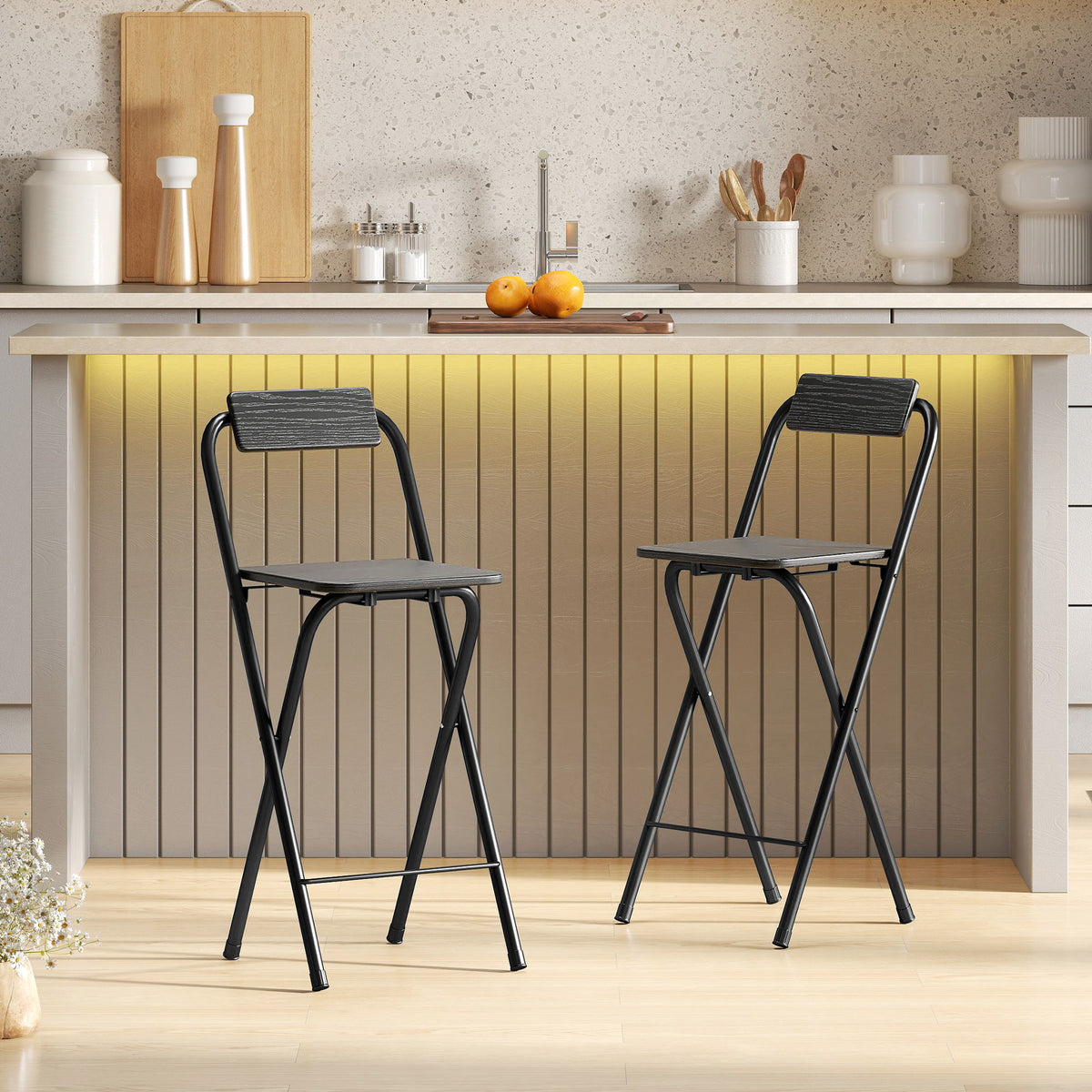 Lot de 2 tabourets de bar pliables avec dossier et repose-pieds, cadre en acier, 87 cm de haut, noir-1