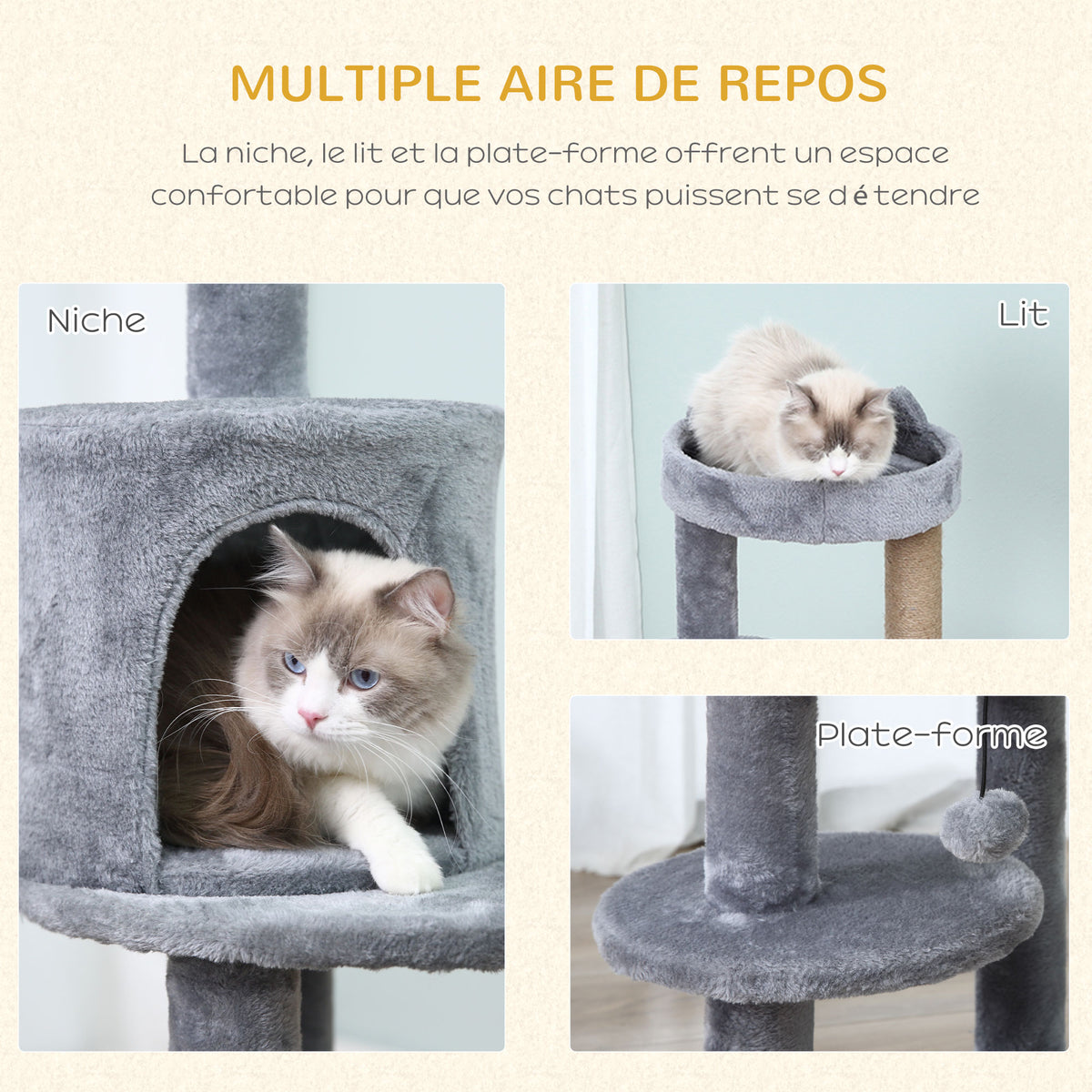 Arbre à chats multi-équipements griffoirs grattoirs plateformes niche jeu boule suspendue Ø 48 x 104H cm gris-4