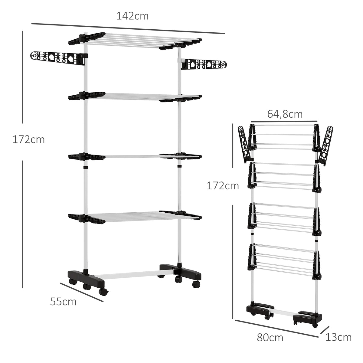 Séchoir à Linge étendoir pliable ailes latérales utilisation intérieur et extérieur 142 x 55 x 172 cm 4 niveaux noir-2