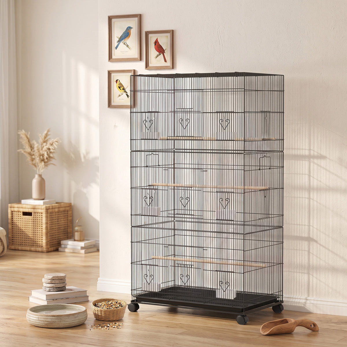 Grande Cage à Oiseaux sur Roulettes en Acier, Plateau Amovible, Portes, Perchoirs, Mangeoires, 77x46,5x141cm, Noir-1