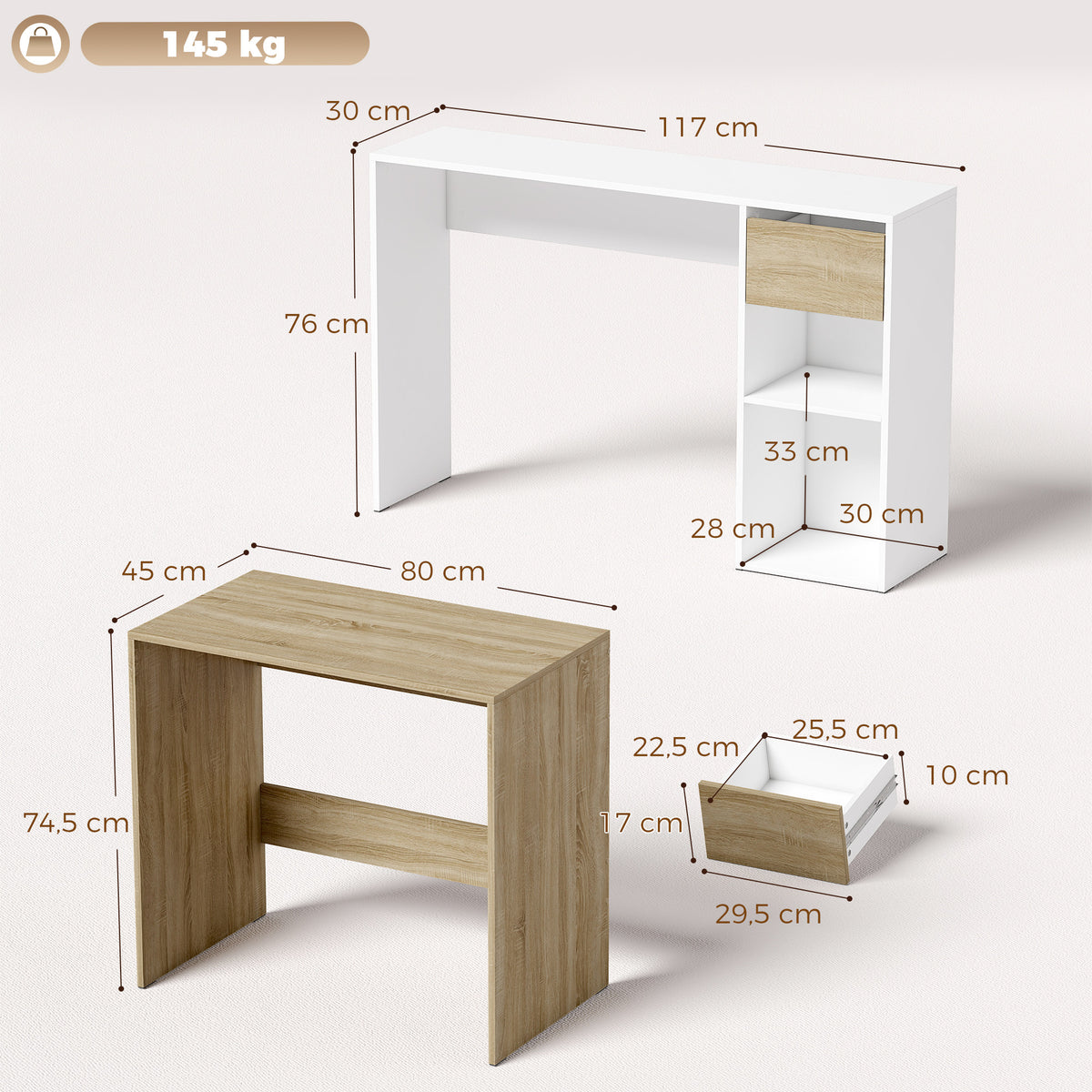 Bureau d'Ordinateur Gigogne Lot de 2, Bureau Informatique 80/117 cm avec Tiroir et Étagères Ouvertes, Blanc et Chêne-2