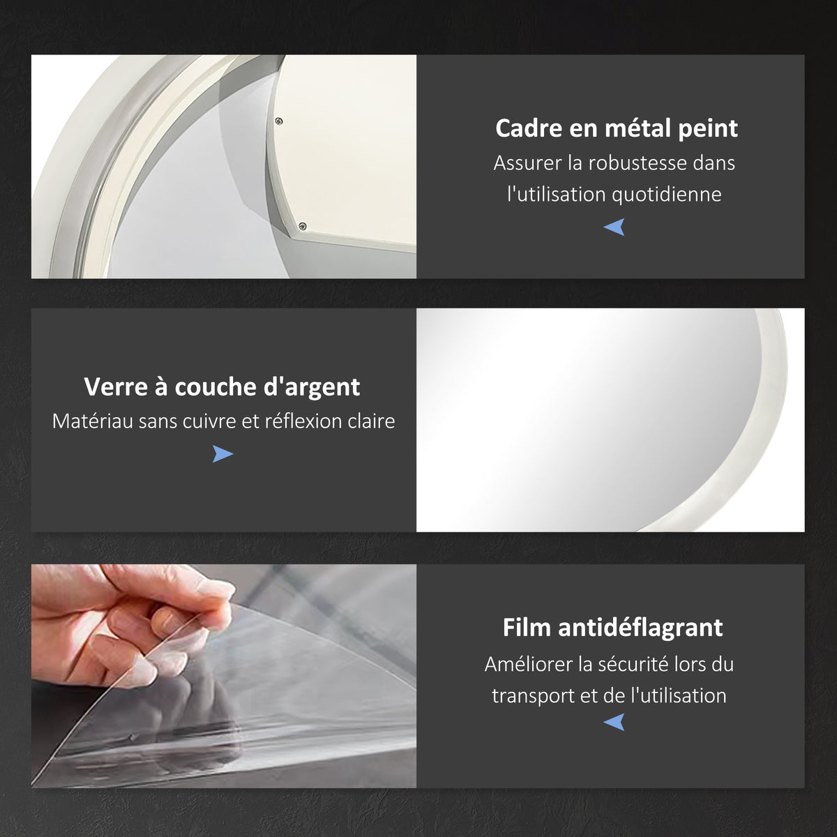 Miroir rond lumineux LED de salle de bain Ø 70 cm mural éclairage interrupteur tactile système antibuée 35W blanc argent-6