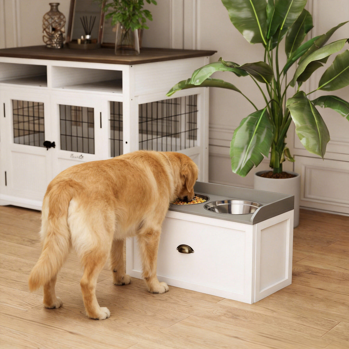 Gamelle double chien chat - porte-gamelles surélevé rangement 2 en 1 - tiroir, 2 gamelles - acier inox. MDF blanc gris-1