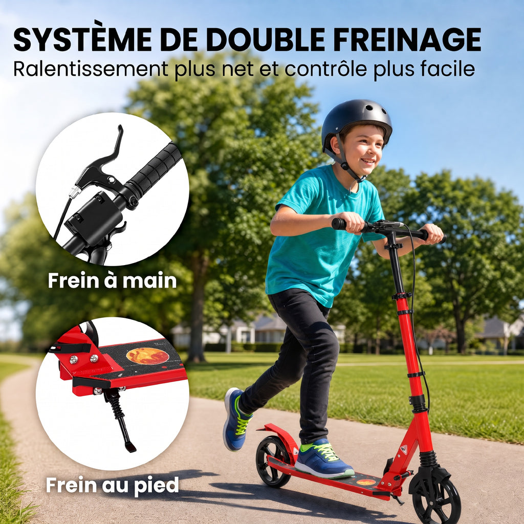 Trottinette Pliable en Aluminium, Guidon Réglable, Freinage Double à Main/Pédale, Roues PU 18 cm, 86x38x103,5cm, Rouge-3