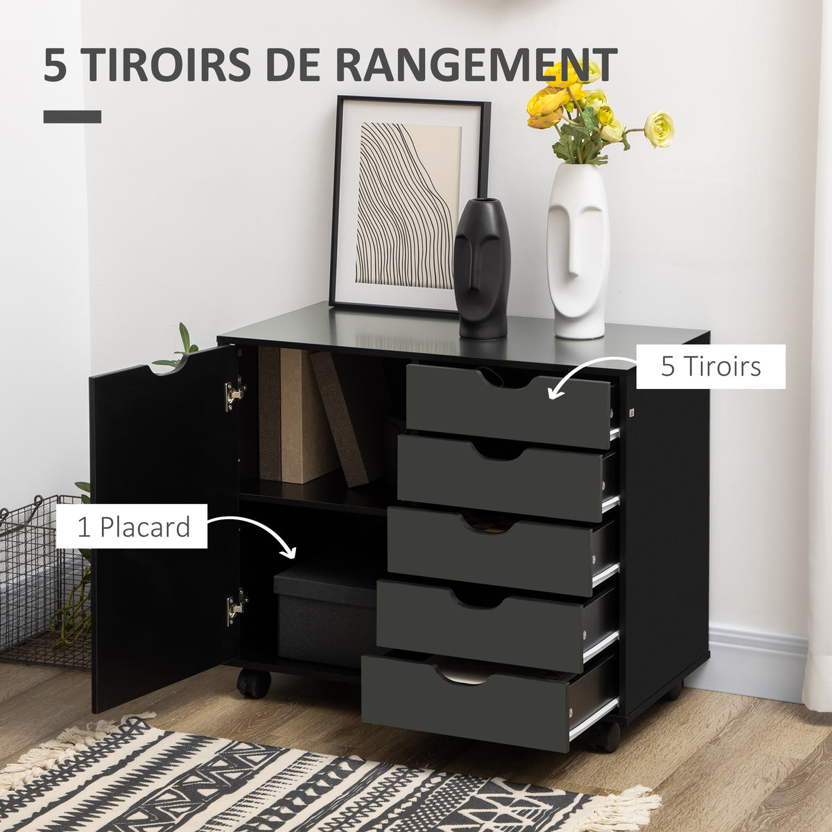 Caisson de bureau avec 5 tiroirs 1 porte étagère réglable, support imprimante sur roulettes, 78x40x66,5 cm, noir-3