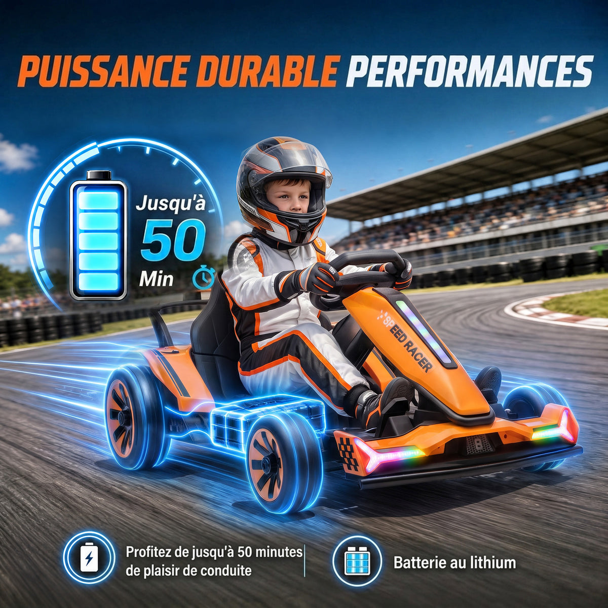 Kart Électrique pour Enfants 12 V, Go Kart, 2 Moteurs, Siège Réglable, Batterie au Lithium, Démarrage Progressif, Orange-4