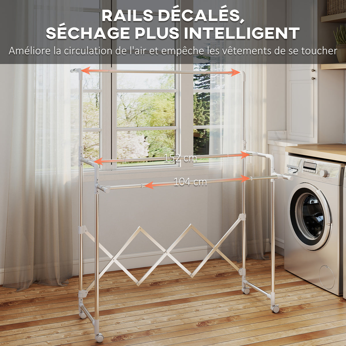 Séchoir à linge pliable étendoir linge intérieur à 3 barres réglables et 4 roulettes 104-150 x 103 x 145-197 cm argent-3