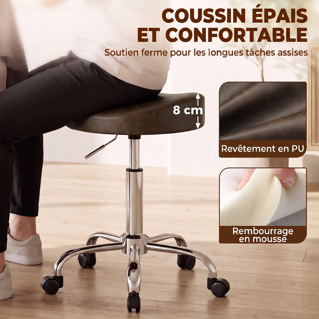 Tabouret à roulettes, tabouret de salon avec hauteur réglable 51-66 cm et assise rembourrée, pivotant 360°, marron-3