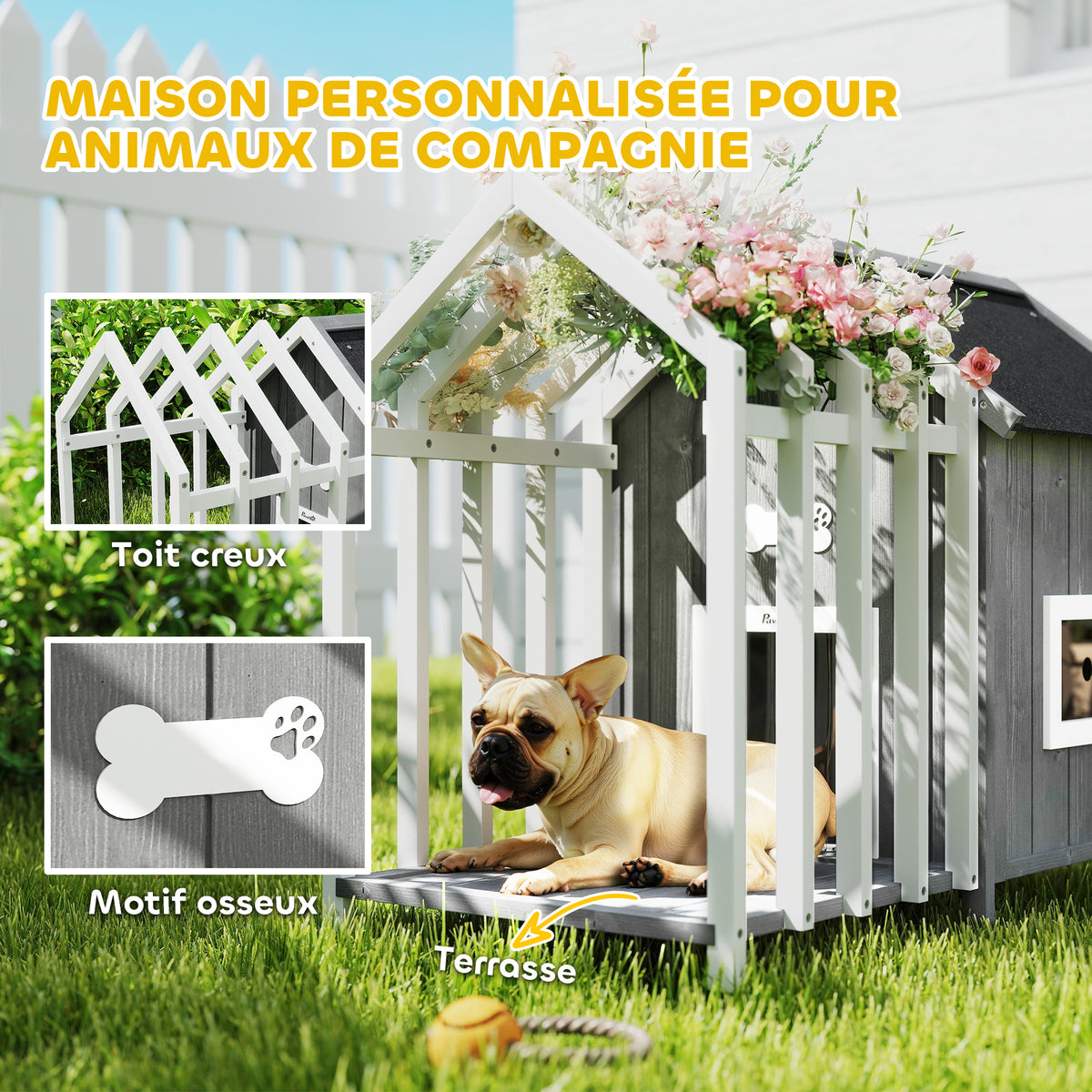Niche pour chien extérieur en bois maison chien extérieur avec terrasse, porte à lamelles, 106 x 62,5 x 80,5 cm, gris-3