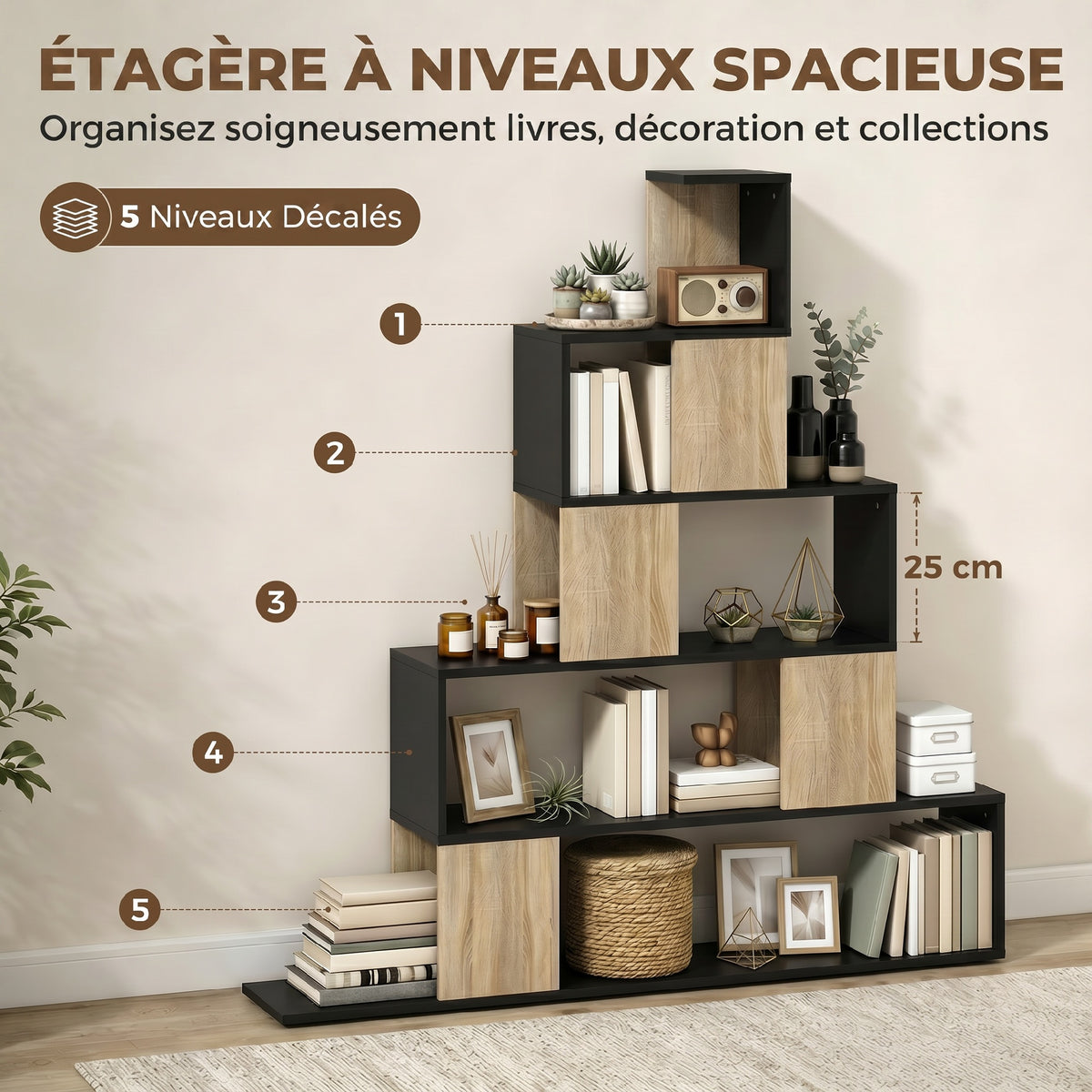 Étagère de rangement, bibliothèque géométrique à 5 niveaux, pour bureau, salon, chambre, noir et bois naturel-4