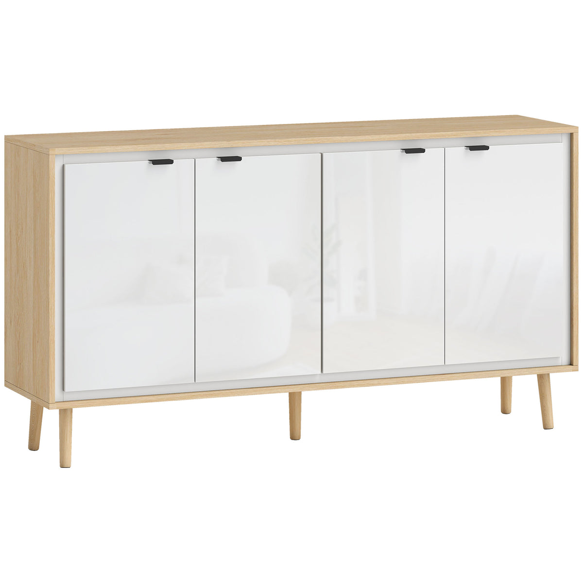 Buffet à haute brillance, meuble de rangement avec 4 portes, étagères réglables, 141 x 35 x 77 cm, blanc et chêne-0