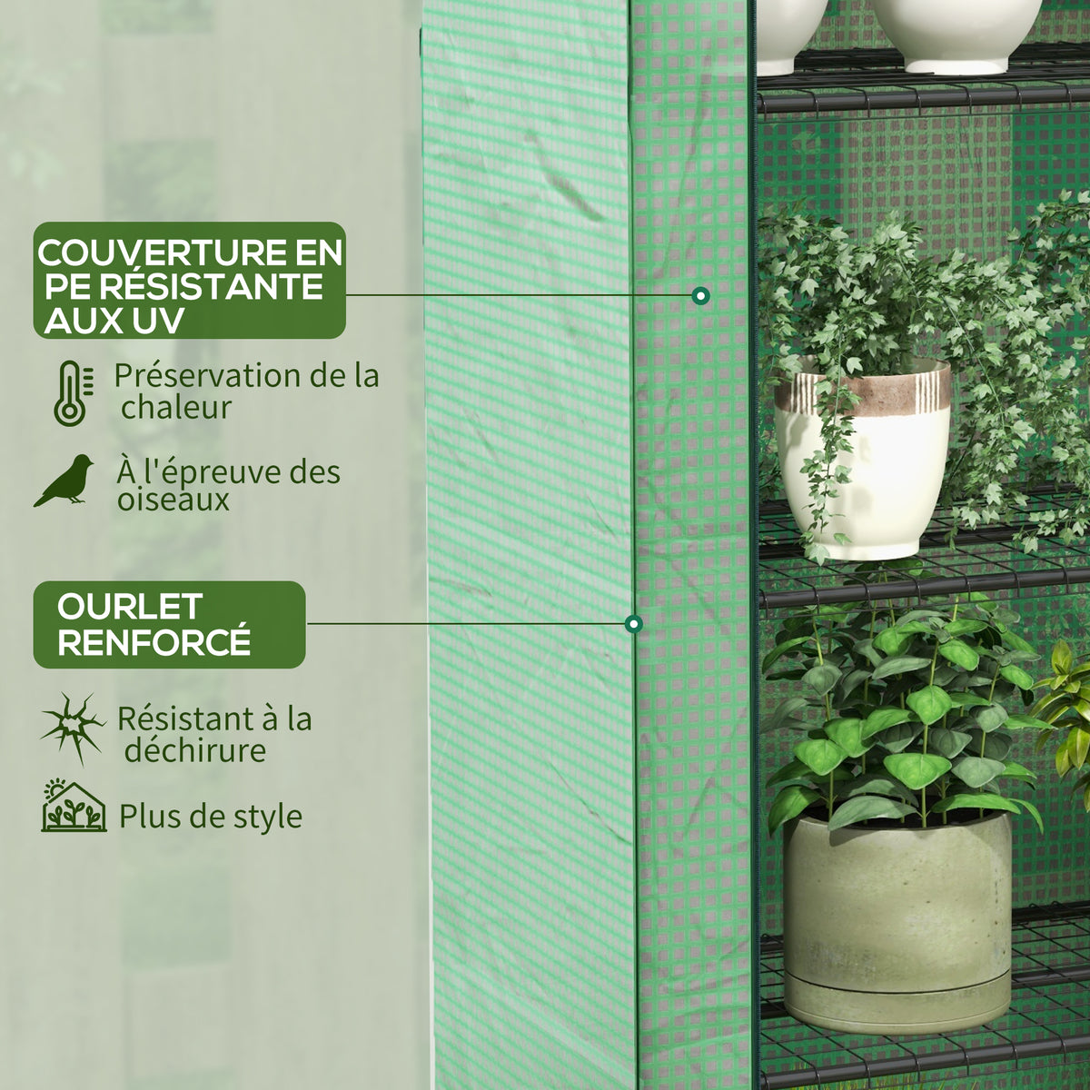 Mini serre de jardin à 4 étages avec bâche PE renforcée, porte enroulable et étagères 120 x 50 x 170 cm, vert-4