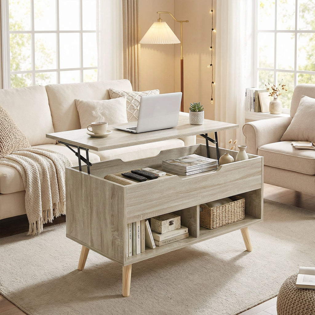 Table basse relevable, table de salon avec compartiment caché et étagères ouvertes, 75 x 40 x 58 cm, bois naturel-8