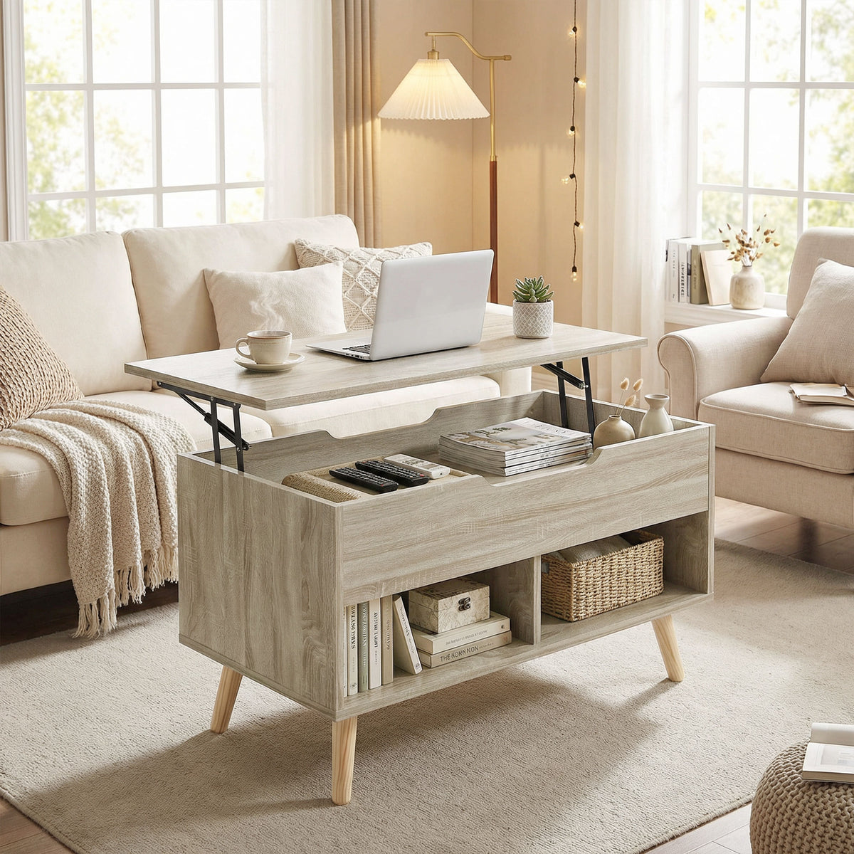 Table basse relevable, table de salon avec compartiment caché et étagères ouvertes, 75 x 40 x 58 cm, bois naturel-8