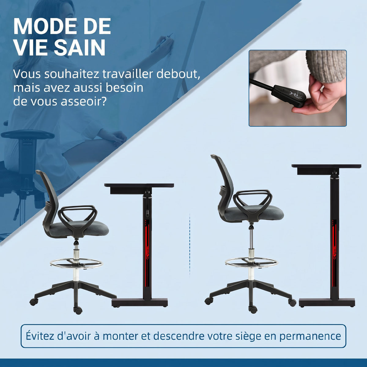Fauteuil de bureau chaise de bureau assise haute réglable tabouret de bureau pivotant 360° maille respirante-3