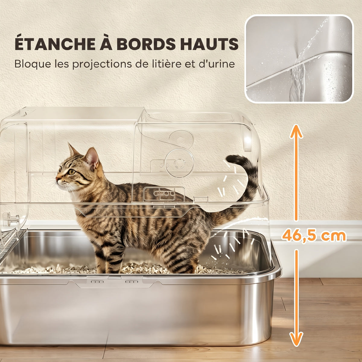 Maison de Toilette pour Chat XXL en Inox, Couvercle 90°, Double Porte, Filtre Frontal, Pelle, 70x50x46,5cm, Gris-4