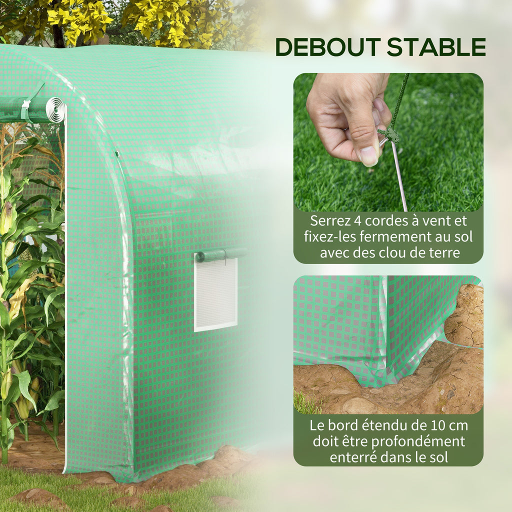 Serre de Jardin Tunnel Surface Sol 8 m² 4L x 2l x 2,05H m châssis Tubulaire Porte zippée 6 fenêtres enroulables vert-4