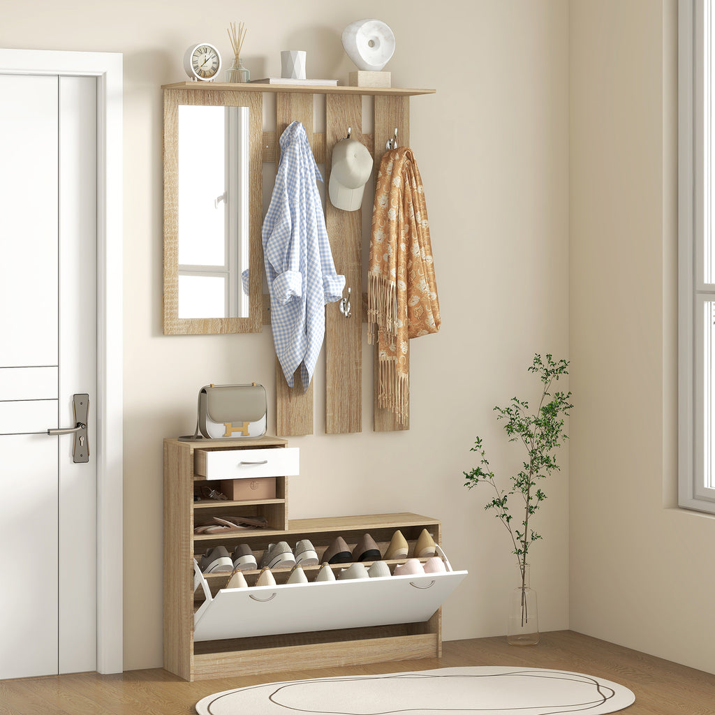 Meuble d'entrée vestiaire avec panneau porte-manteau, miroir et banc à chaussures - 6 crochets et étagère réglable-6