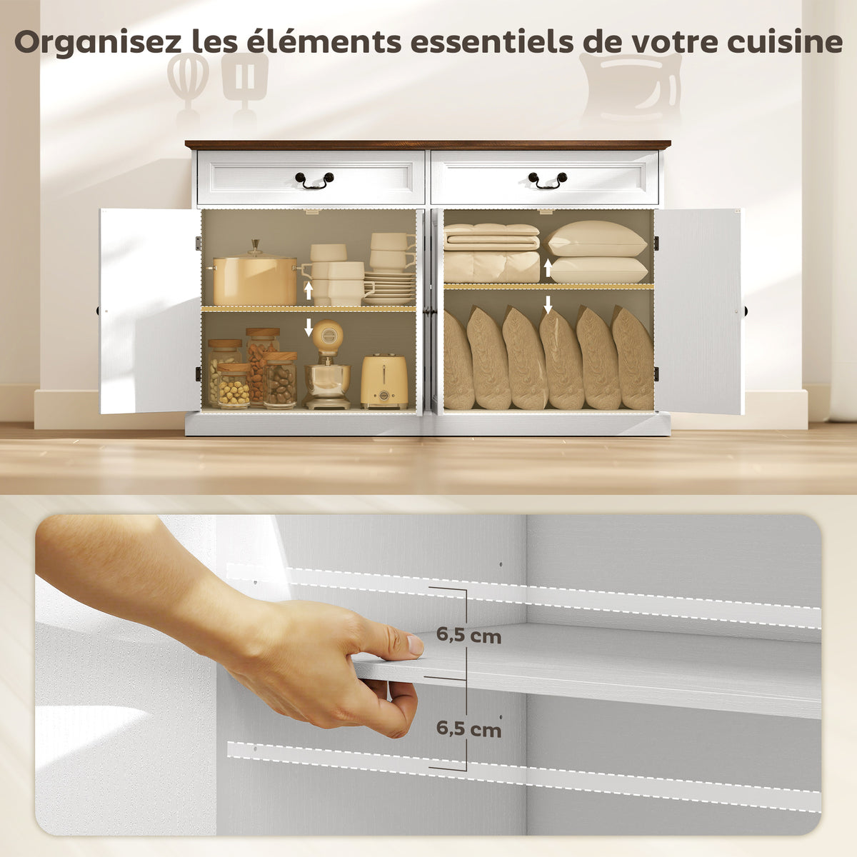 Buffet salon, meuble de rangement avec 4 portes, 2 tiroirs silencieux, étagères réglables, 140x40x85cm, blanc et marron-3