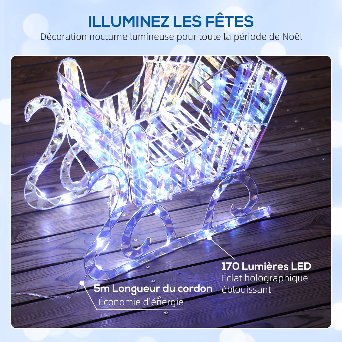 Renne et traîneau lumineux de Noël avec 170 LED blanc chaud, décoration de Noël pour intérieur et extérieur, 60x29x115cm-4