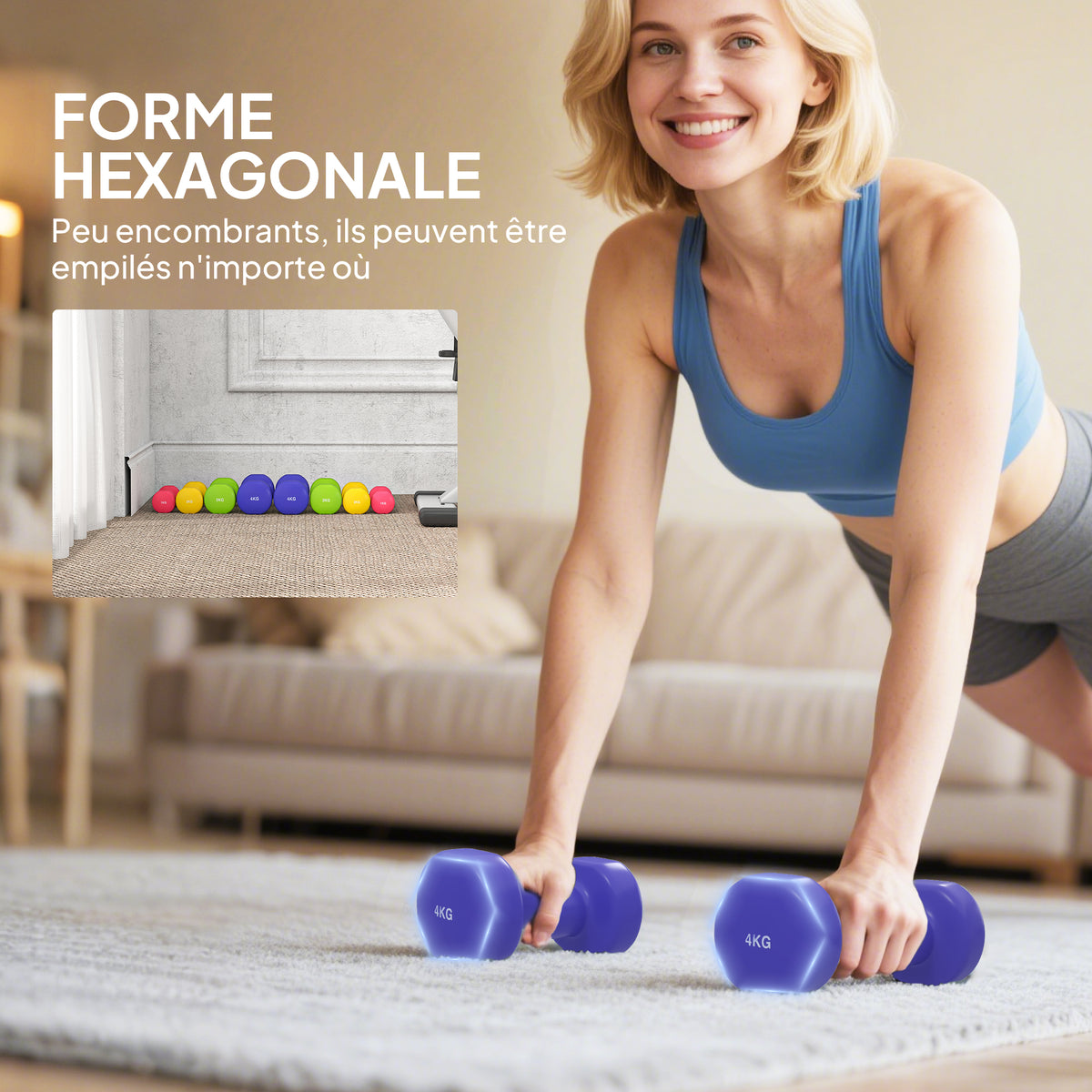 Ensemble d'haltères hexagonaux total 20 kg lot de 8 haltères courts de gym avec revêtement en polyuréthane multicolore-5