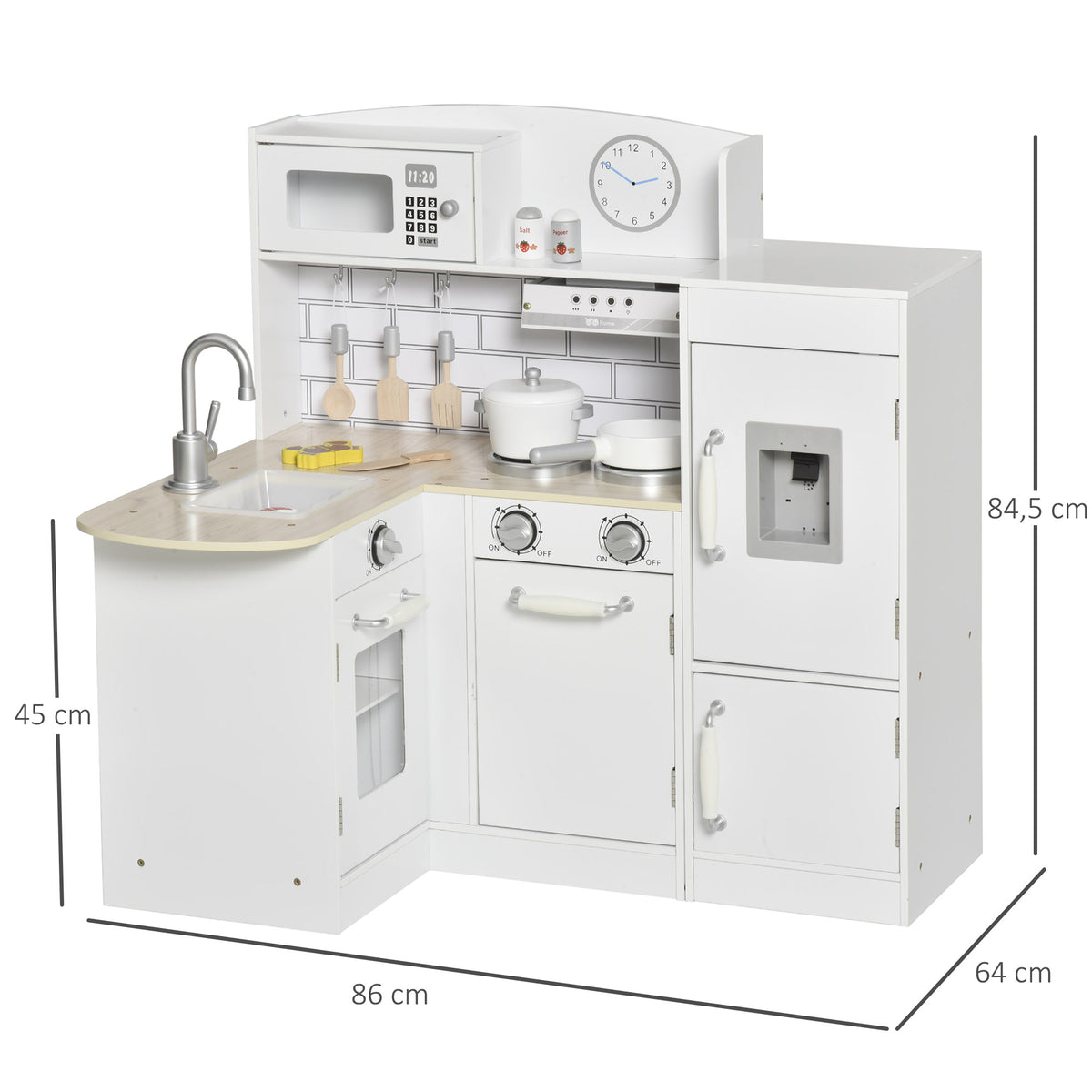 Cuisine Bois Jeu d'imitation - Cuisine Enfant 3+ Ans - Nombreux Accessoires & rangements Inclus - micro-ondes, hotte, évier avec robinet - MDF pin Blanc-2
