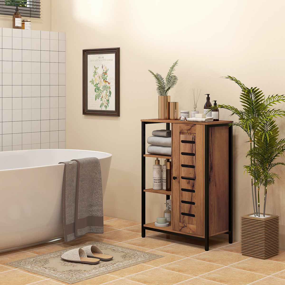 Meuble de salle de bain sur pied design industriel structure acier 3 étagères ouvertes 60 x 30 x 85 cm marron rustique-7